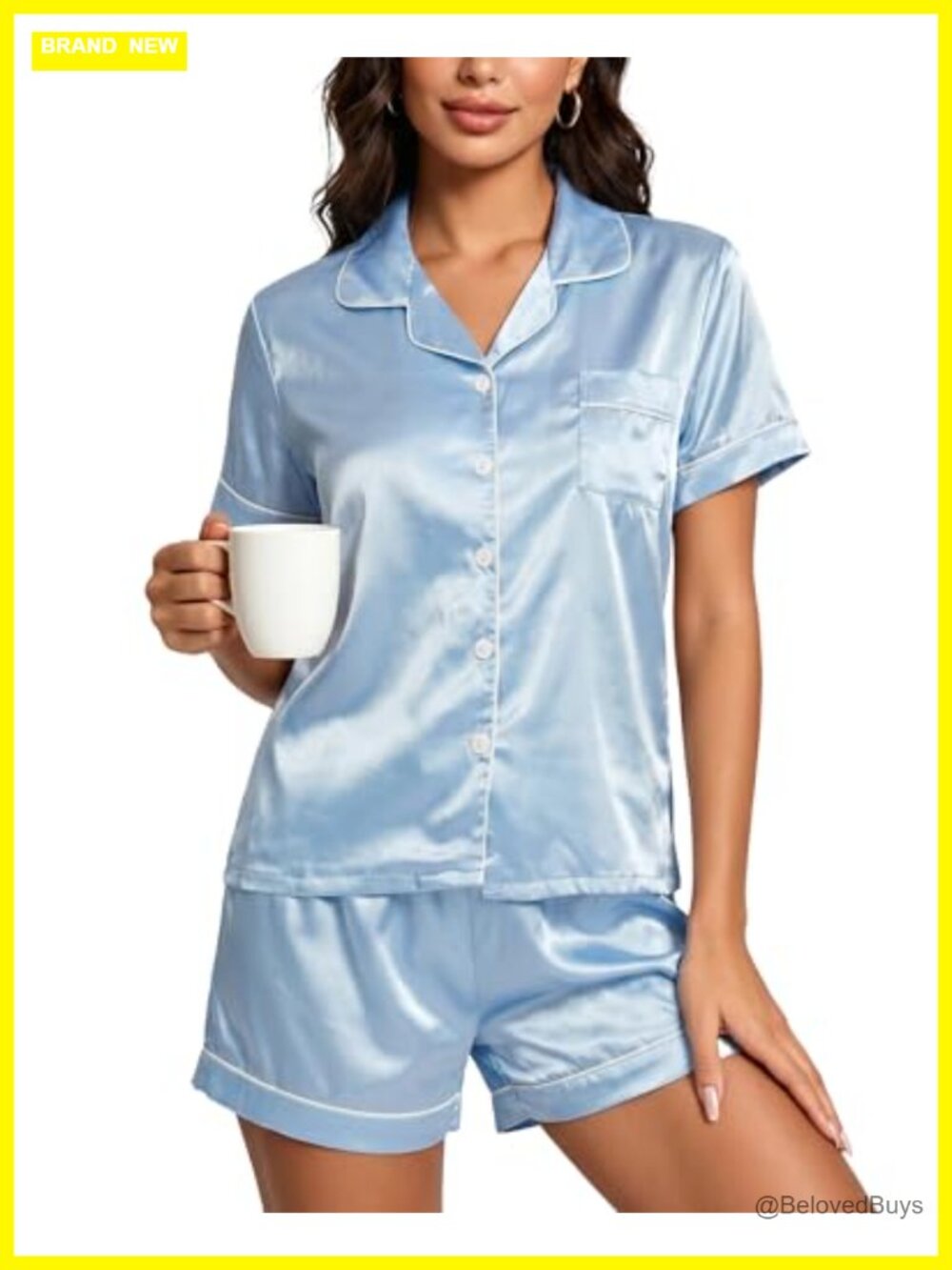Womens Silk Satin Pajama Set Short Sleeve Button Down Sleepwear 2 Piece